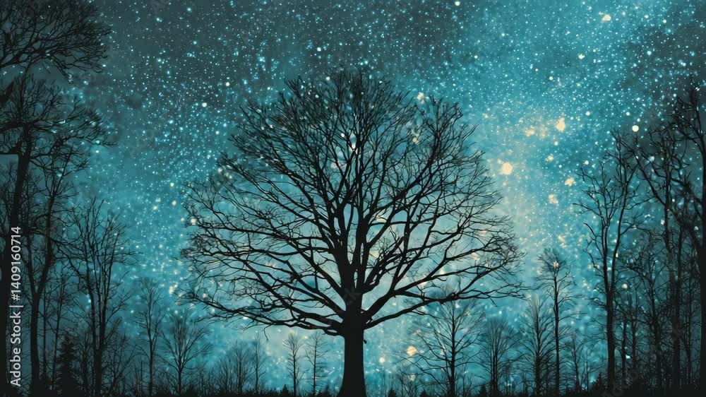 Silhouette of deciduous tree under a bright turquoise starry sky, nature, fantasy, and magical atmosphere creating a serene landscape