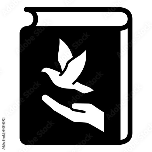 Book with pigeon and hand solid icon, children book holiday concept. Vector graphics. Hand with dove bird at textbook sign on white background, glyph style mobile or design.