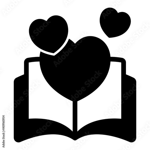 Love story book solid icon, romantic tale concept. Vector graphics. Opened book and heart shape sign on white background, glyph style mobile or design.