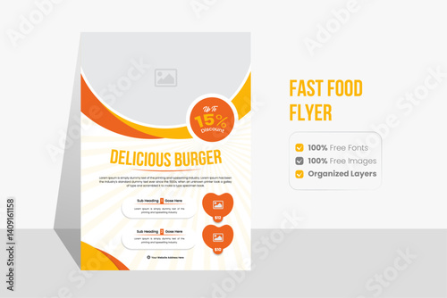Fast food modern layout A4 flyer with creative editable vector shapes template for restaurant business.