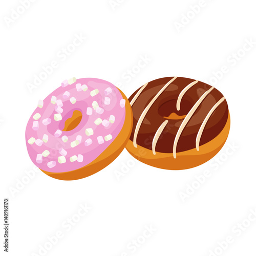 Cartoon donuts with chocolate and strawberry topping Colorful round delicious sweet desserts with marshmallow Flat vector doughnut illustration Design elements for recipe books, menu design, food blog