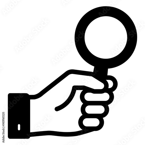 Magnifying glass in hand solid icon, optical tool concept. Vector graphics. Magnifier in human hand sign on white background, glyph style mobile or design.