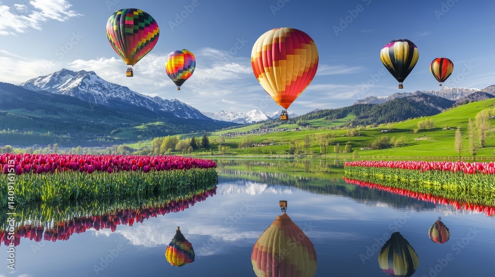 Fototapeta premium Stunning floating balloons reflect on a clear mountain lake surrounded by lush green hills