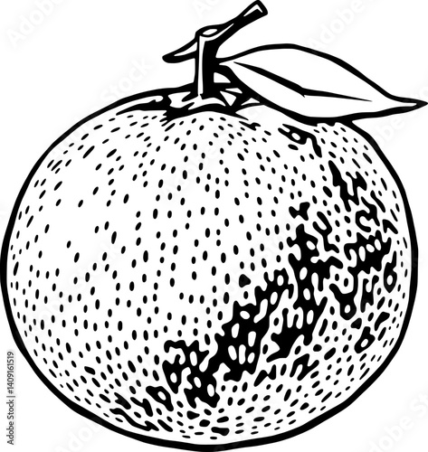 Detailed Ink Drawing Of A Single Ripe Mandarin Orange With Leaf