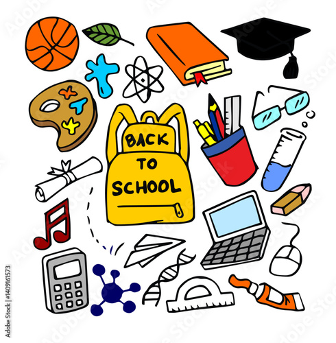 Doodle hand drawn of school and office supply stationery object icon illustration. back to school doodle set	