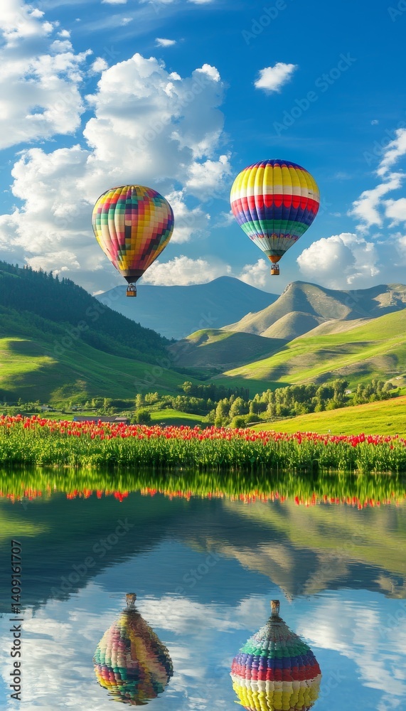 Fototapeta premium Stunning scene of colorful balloons over a serene mountain lake with reflections and lush landscapes