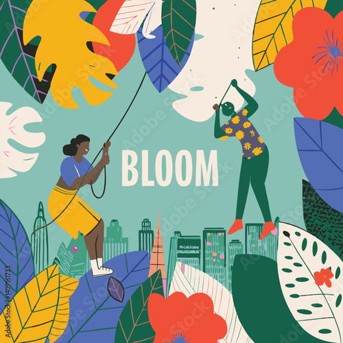 Vibrant Tropical Leaf Composition with BLOOM Text