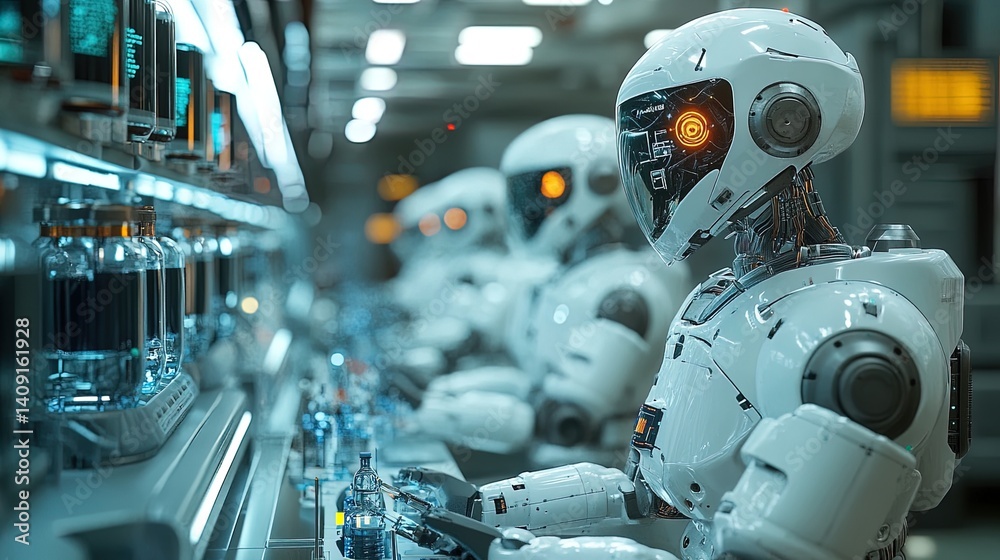Fototapeta premium Robotic Lab Assistants in a Futuristic Research Facility