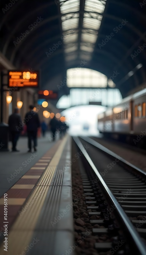 Fototapeta premium Generative AI image showcasing a blurred train station scene with commuters
