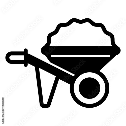Wheelbarrow with sand solid icon, construction site concept. Vector graphics. Trolley with pile for dump sign on white background, glyph style mobile or design.