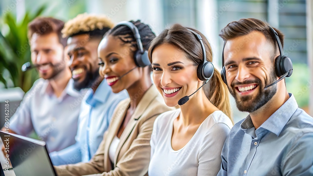 Fototapeta premium A smiling businesswoman with a headset works as a call center operator providing customer service