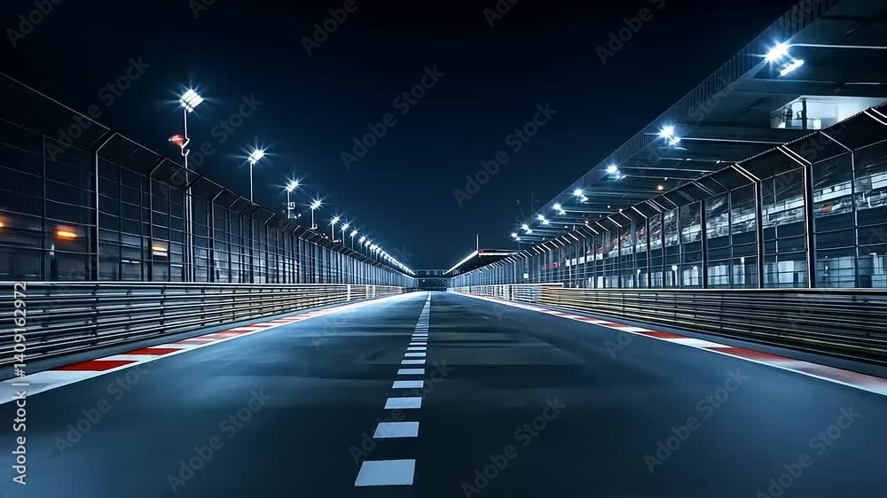 Nighttime Racing Circuit with Illuminated Track and Grandstand View Nighttime Racing Circuit with Illuminated Track and Grandstand View
