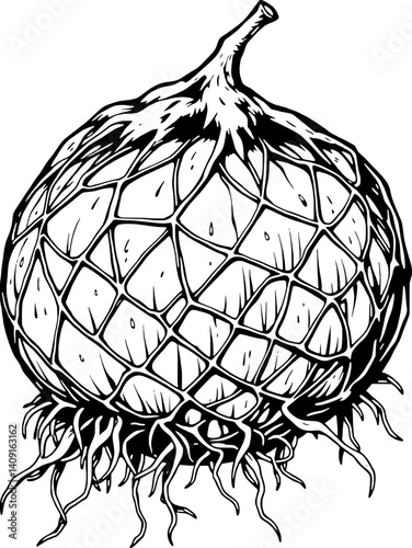 Intricate Line Art Drawing Of A Unique Round Fruit With Roots