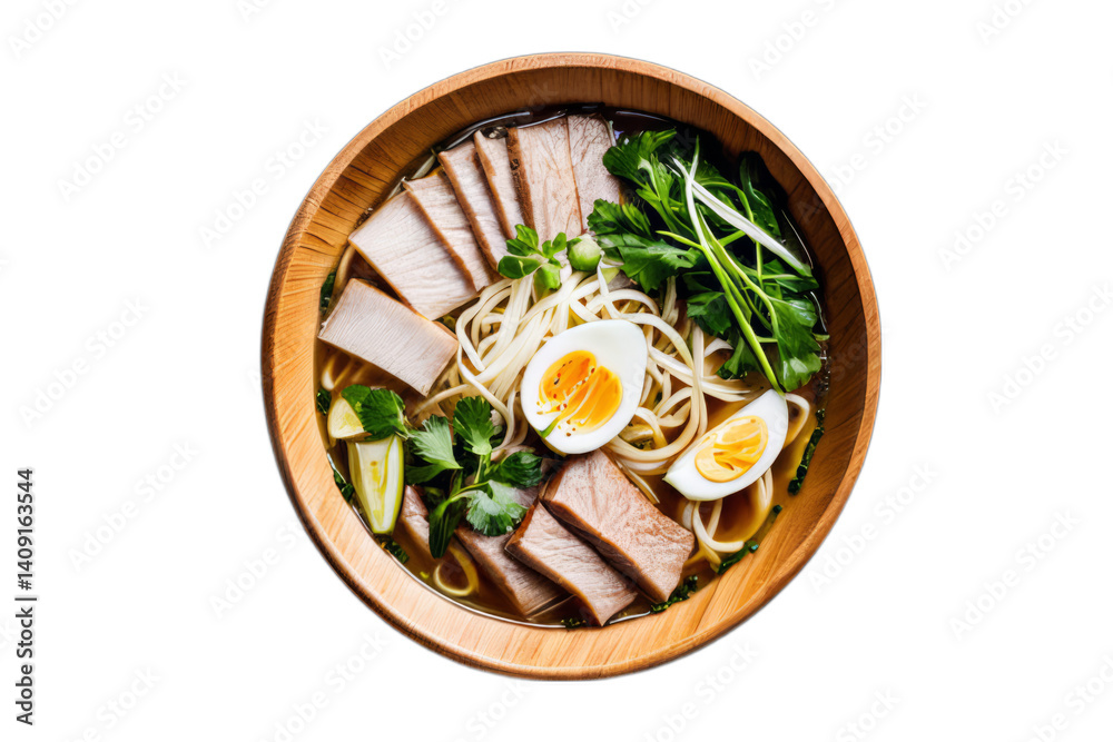 Nutritious ramen with pork, noodles, eggs and greens served in a wooden bowl, perfect for a healthy lunch and recipe presentation on transparent background
