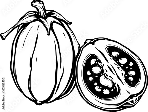 Detailed Ink Drawing Of A Whole And Halved Tamarillo Fruit