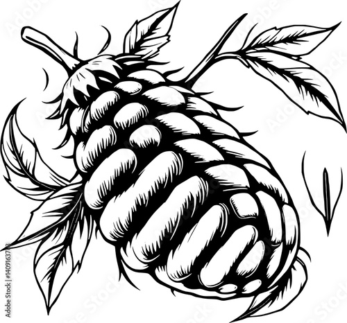 Detailed Black And White Illustration Of A Hop Cone With Leaves