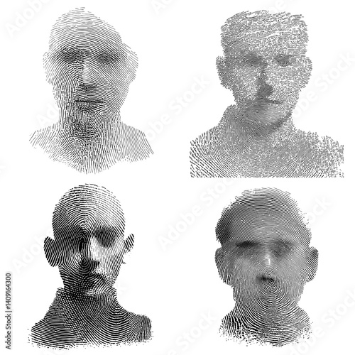 Abstract portraits of human faces composed of fingerprint-like textures in black and white. Ideal for identity, security, biometrics, forensic design, and conceptual art projects.

