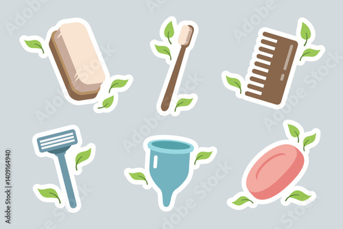 Zero waste stickers. Set of ecological personal hygiene items - wooden toothbrush, comb, brush, menstrual cup, solid soap, razor Shaver. Vector illustration in cartoon style