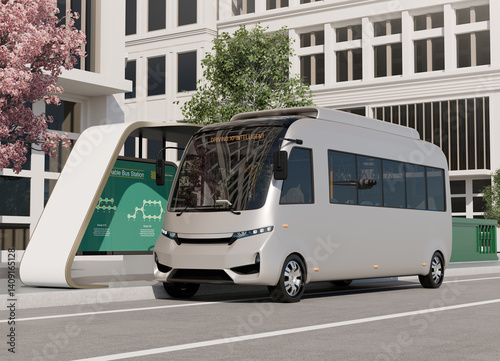 Electric bus parking at bus stop with urban street background. Generic design. 3D rendering image.