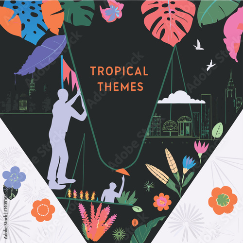 Flat Tropical Scene with Fruit and Leaf Pattern Elements