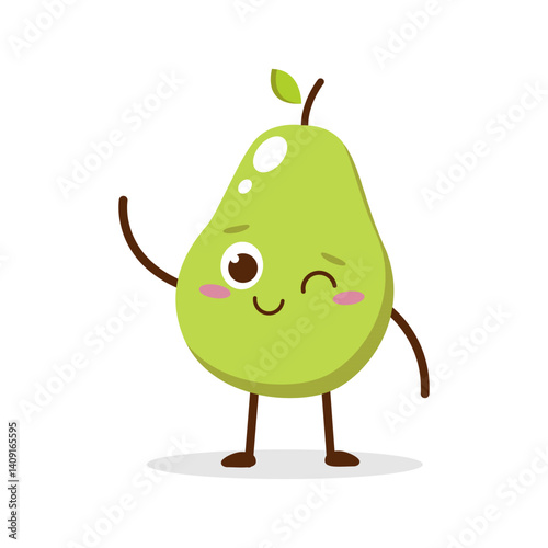 Cute green avocado cartoon character with winking eye, showing a Excited pose. Perfect for kids illustrations, healthy food designs, or educational materials. Isolated on white background with soft sh