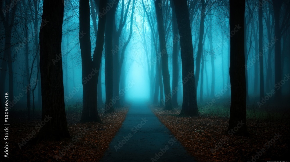 Naklejka premium Mystical Blue Foggy Forest Path