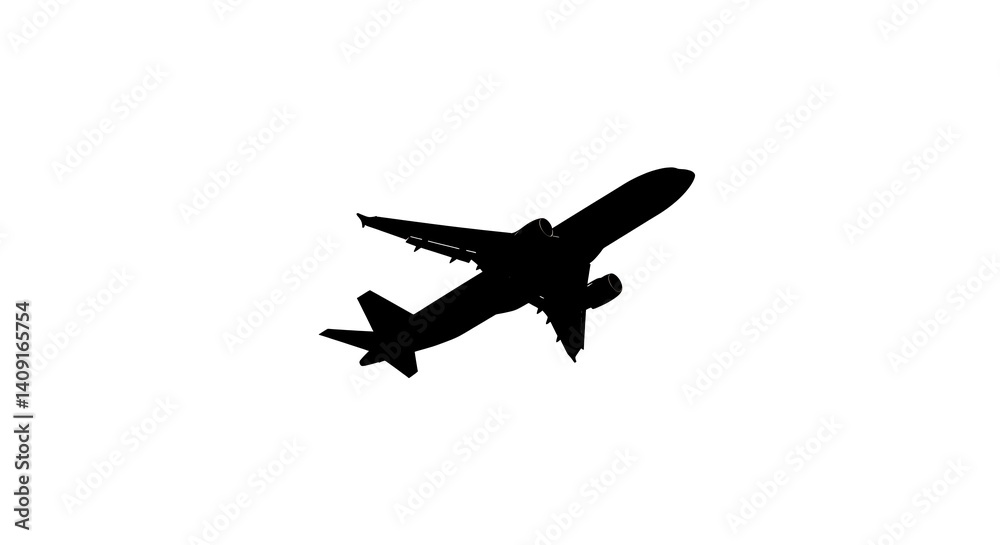 Silhouette of an airplane taking off against a white background in a high angle view image style Silhouette of an airplane taking off against a white background in a high angle view image style