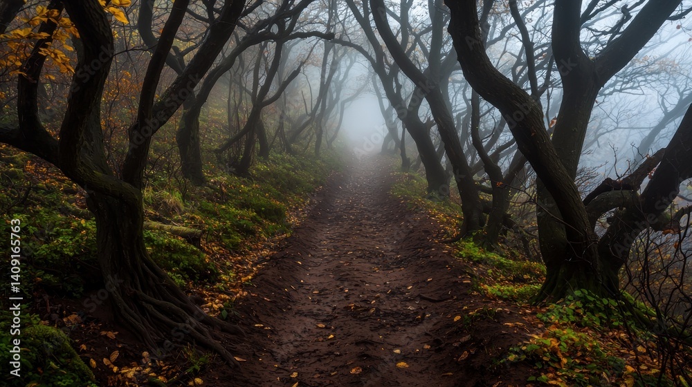 Naklejka premium Misty autumn forest path, winding through trees