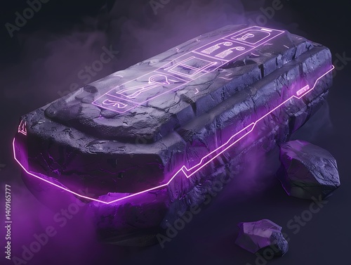 A futuristic AI-activated stone sarcophagus glowing purple with digital hieroglyphs