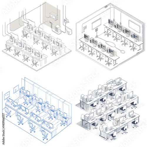 Isometric illustrations of modern office workstations with computers and chairs. Perfect for workplace planning, architecture, coworking design, office layouts, and interior visualization.

