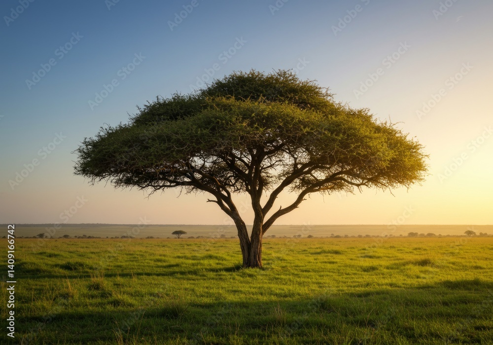 Obraz premium Lone acacia tree in savanna at sunset with golden sky.