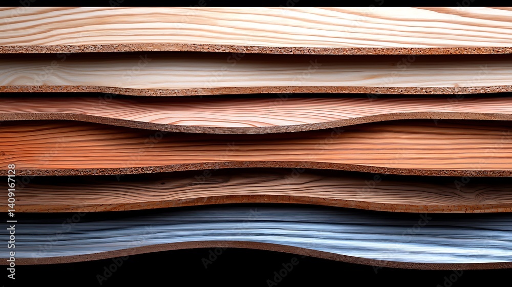 Stacked wood planks showing grain and texture with wavy edges, creating a warm, natural pattern Stacked wood planks showing grain and texture with wavy edges, creating a warm, natural pattern