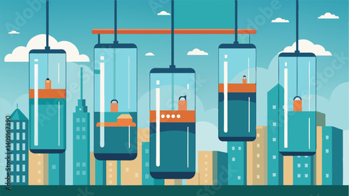 Suspended glass tubes transport commuters through the air connecting different districts of the city.. Vector illustration