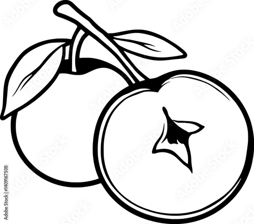A Delicate Illustration Of A Pink Apple One Half Sliced Showing The Core And Seeds With Stem And Leaves