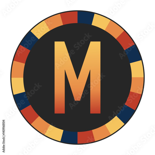 Gradient CAPITAL Letter M in Warm Orange, Red, and Yellow with Circular Frame in Blue, Red, and Yellow Tones, enclosed in a black frame.