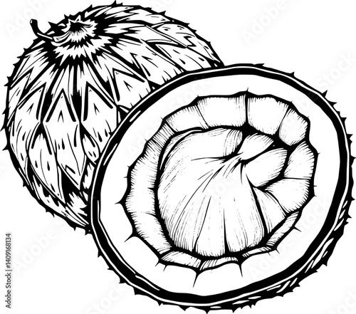 Detailed Line Drawing Of A Whole And Halved Coconut Showing Its Textured Husk And Inner Flesh