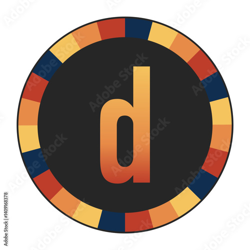 Gradient lowercase Letter d in Warm Orange, Red, and Yellow with Circular Frame in Blue, Red, and Yellow Tones, enclosed in a black frame.
