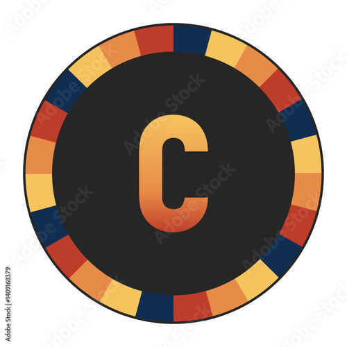 Gradient lowercase Letter c in Warm Orange, Red, and Yellow with Circular Frame in Blue, Red, and Yellow Tones, enclosed in a black frame.