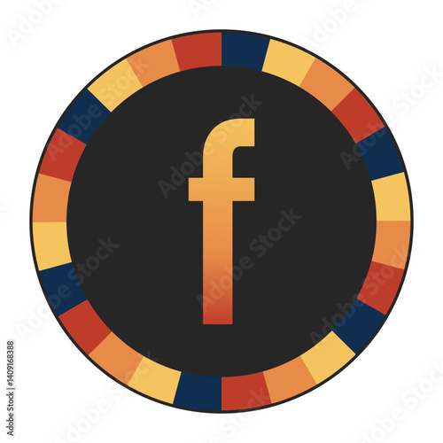 Gradient lowercase Letter f in Warm Orange, Red, and Yellow with Circular Frame in Blue, Red, and Yellow Tones, enclosed in a black frame.