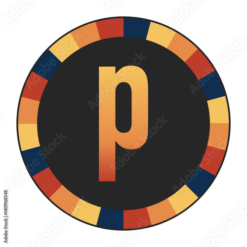 Gradient lowercase Letter p in Warm Orange, Red, and Yellow with Circular Frame in Blue, Red, and Yellow Tones, enclosed in a black frame.