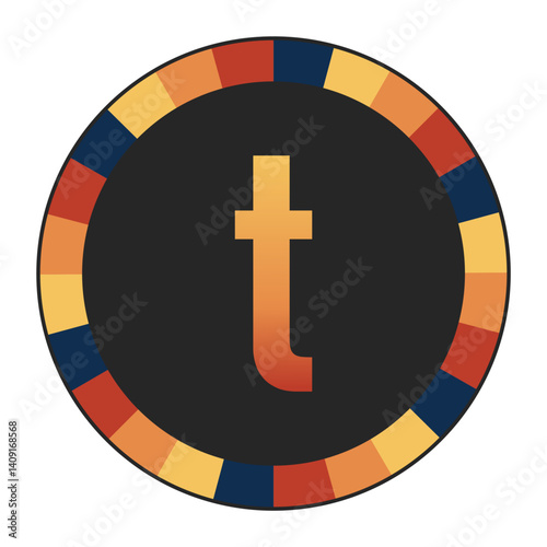 Gradient lowercase Letter t in Warm Orange, Red, and Yellow with Circular Frame in Blue, Red, and Yellow Tones, enclosed in a black frame.