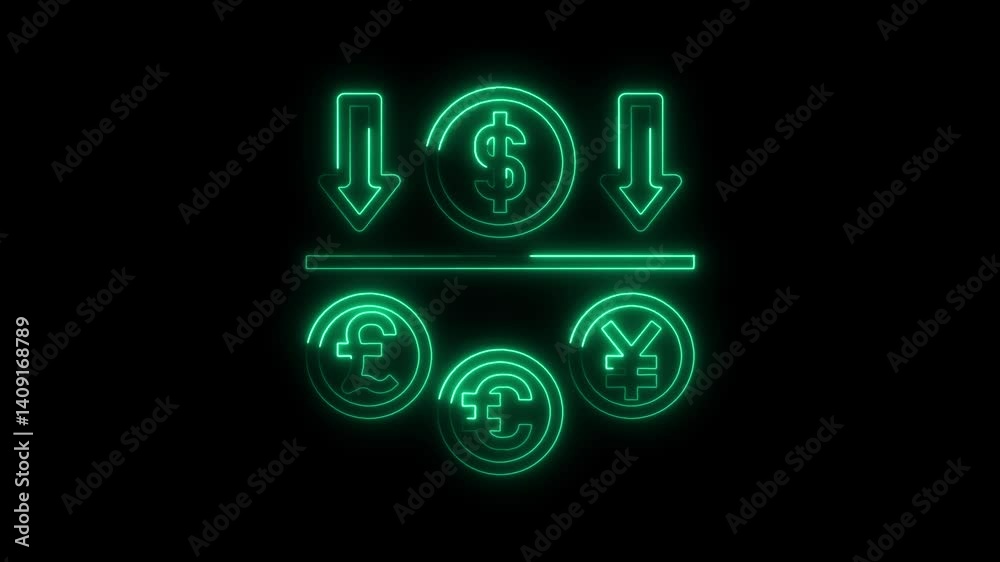 Glowing neon currency icon 4k  isolated on black background. HD Video motion graphic animation