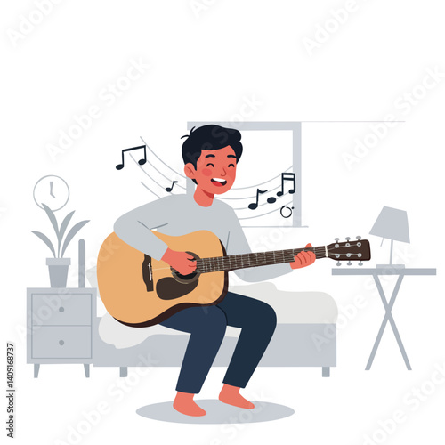 Melodic Serenade: A person enjoys a moment of creative musical expression, strumming a guitar, filling a room with musical notes.