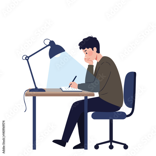 Focused Night Study: A student concentrates intensely while studying, lit by a desk lamp, illustrating dedication and the pursuit of knowledge. 
