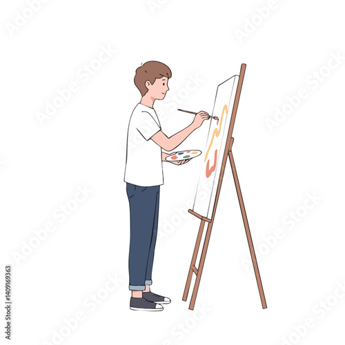 Artist at Work: An illustration of a young artist, immersed in their creative process, painting on a canvas with vibrant colors, standing at an easel.