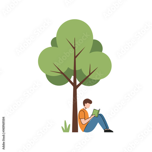 Reading Under the Tree: An illustrated scene of a young man escaping the bustle of life to unwind and enjoy a book in the peaceful shade of a large tree.
