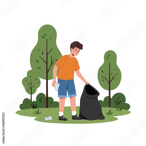 Young person cleaning up trash in a park, contributing to a cleaner environment.
