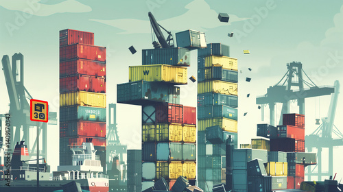 Global Supply Chain Collapse Jenga Tower of Chips, Autos & Medicine Crumbling – Stranded Cargo Ships Infographic Style