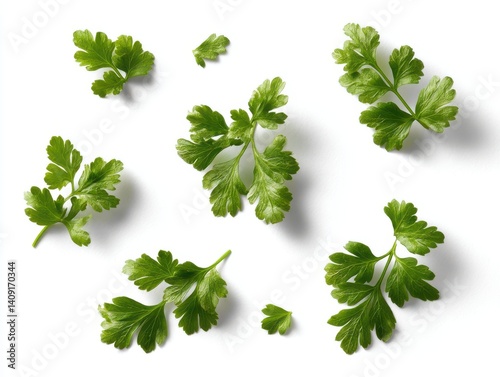 Fresh parsley leaves scattered on a plain surface isolated on white background