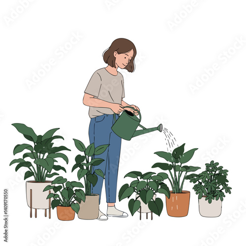 Woman watering green potted plants indoors, tending to her home garden hobby.
